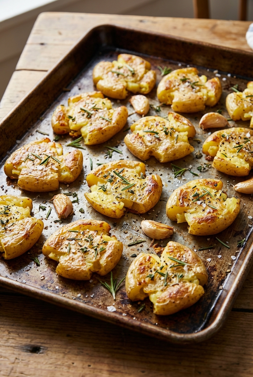 Crispy smashed potatoes on a baking sheet with herbs