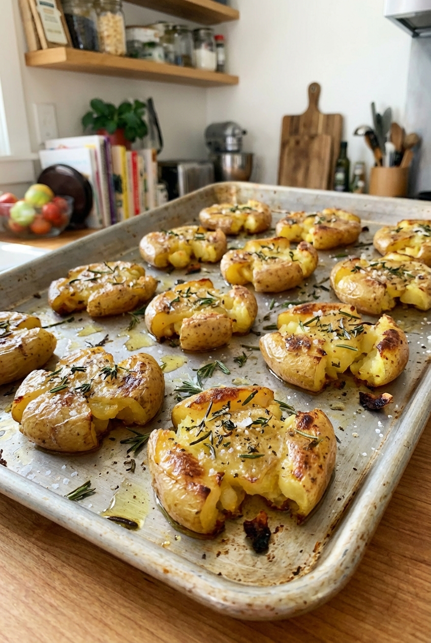 Crispy smashed potatoes on a baking tray