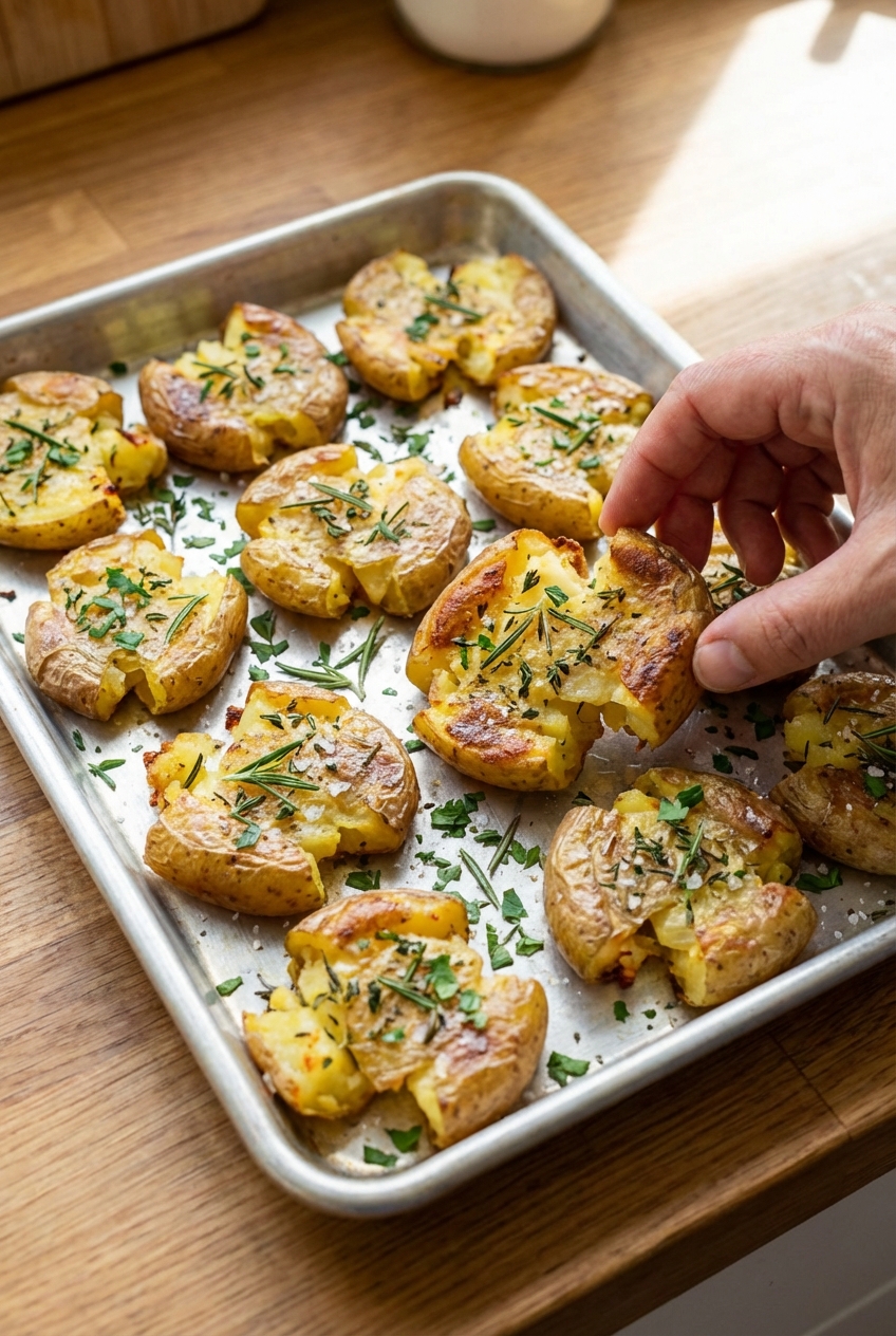 Crispy smashed potatoes on a tray with golden edges and chopped herbs