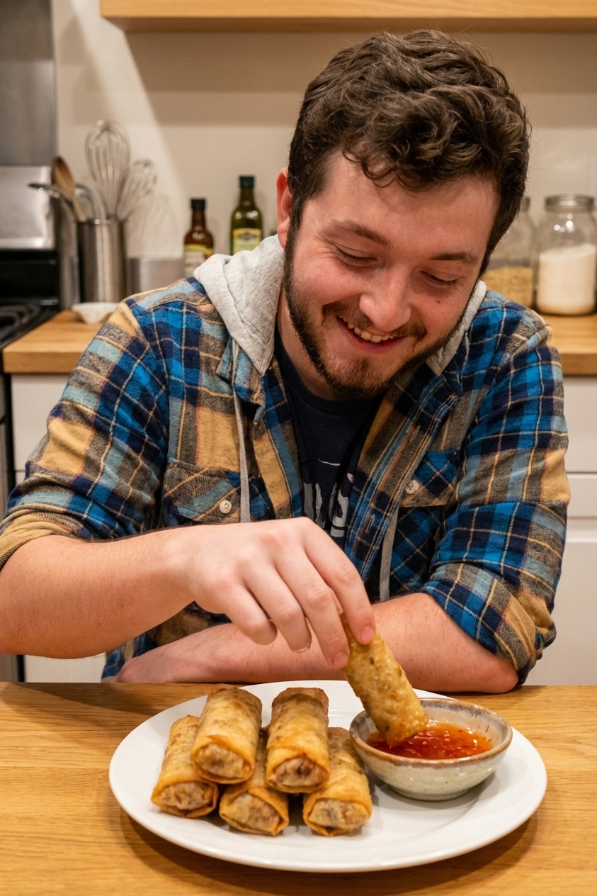 Crispy spring rolls on a plate with a small dipping bowl