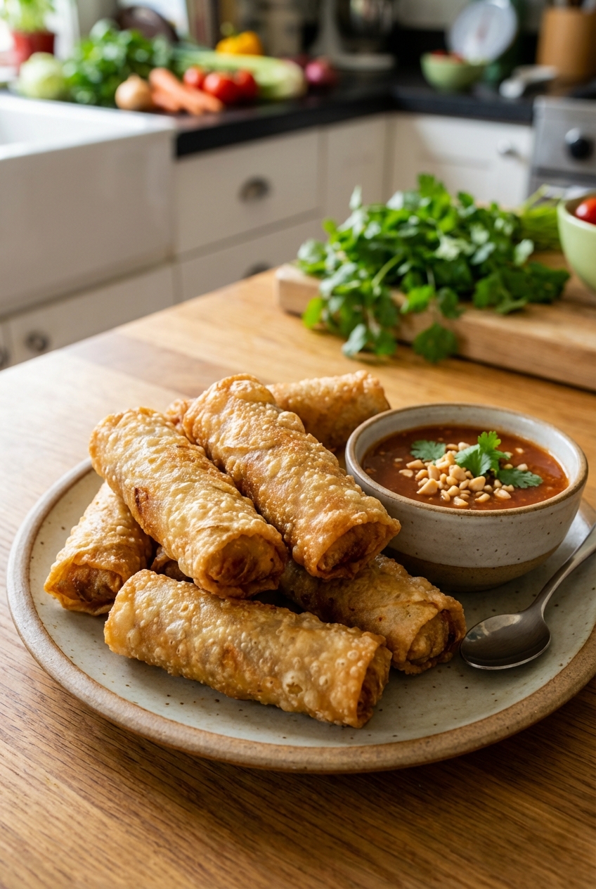 Crispy spring rolls on a plate with dipping sauce