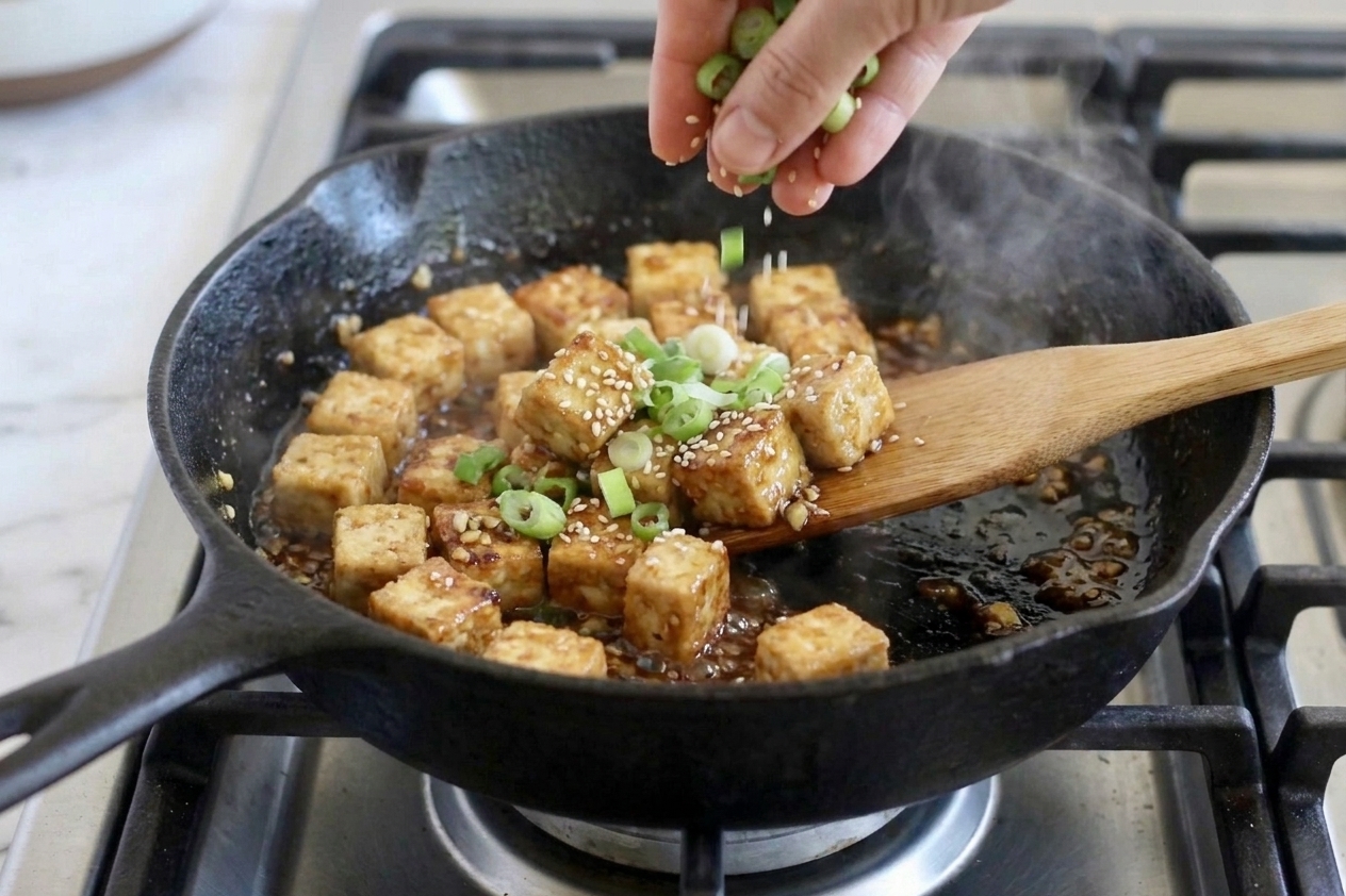 Crispy tofu cubes being tossed in a skillet with a glossy glaze, finished with sliced scallions and sesame seeds