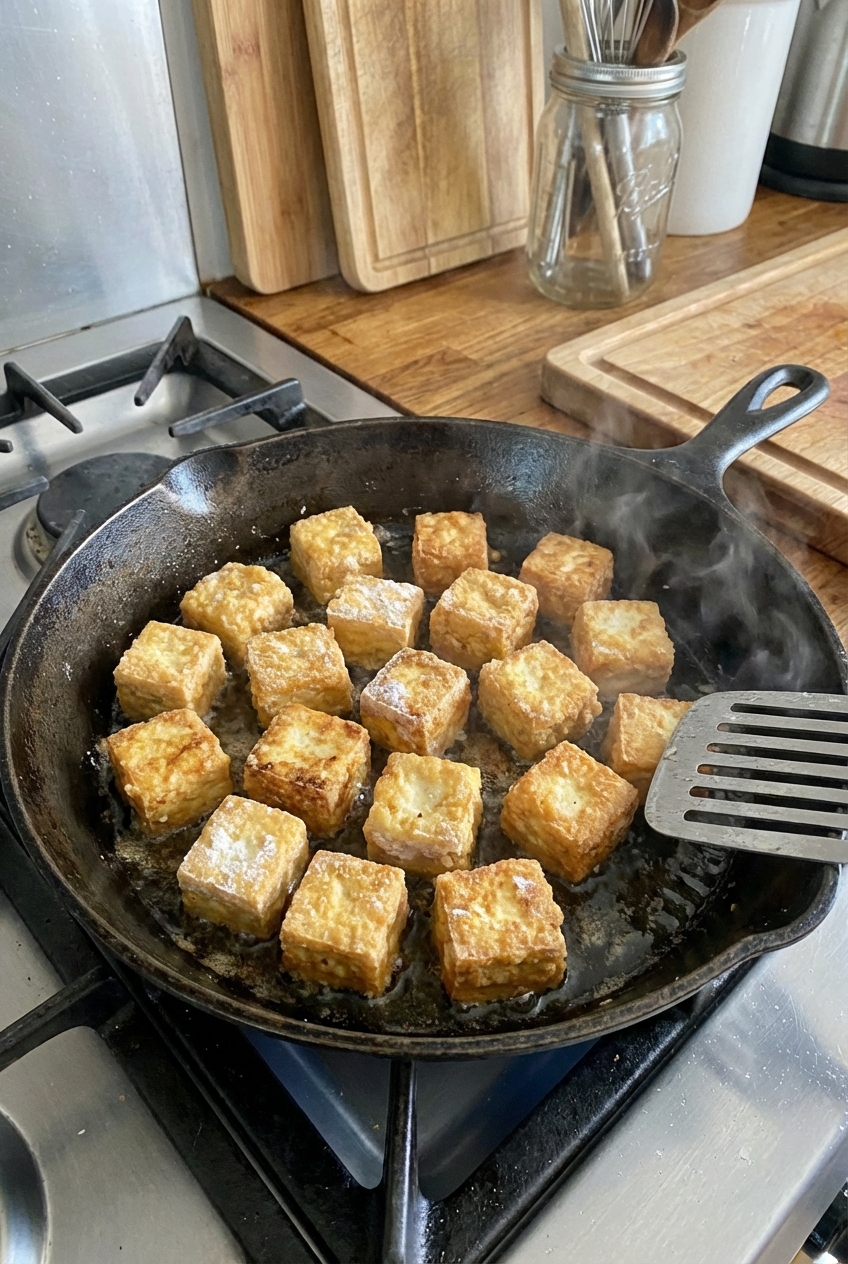 Crispy tofu cubes browning in a skillet with a light cornstarch coating