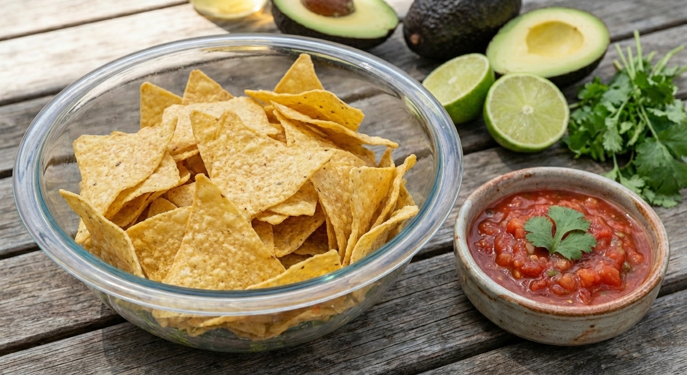 Crispy tortilla chips piled in a bowl with a small dish of salsa on a table