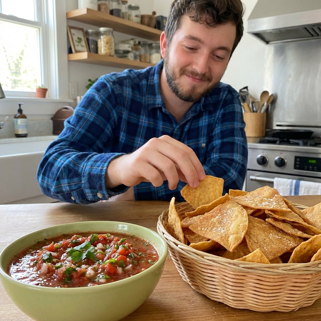 Crispy tortilla chips with a bowl of salsa roja