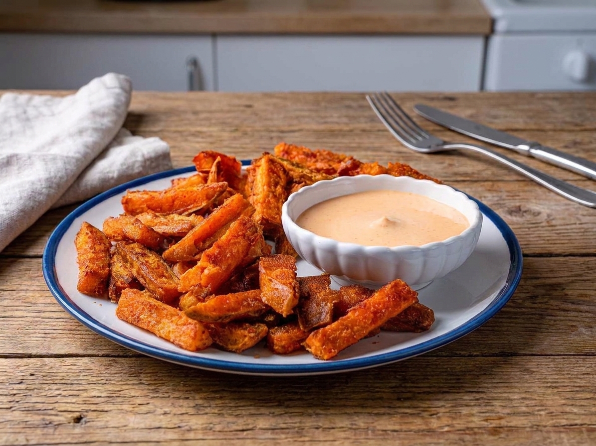 Crispy yam fries piled on a plate with a small bowl of creamy dipping sauce on the side on a simple dinner table