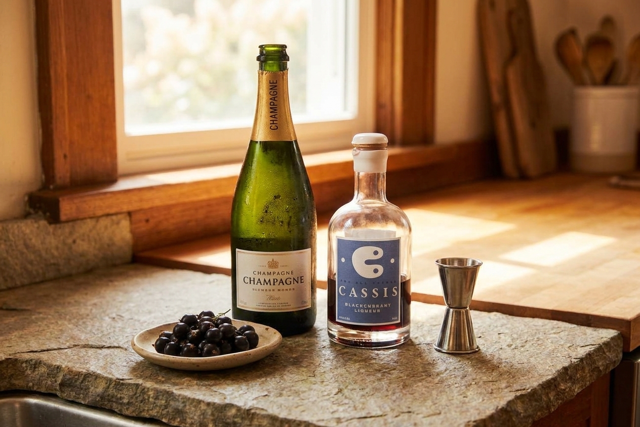 Crème de cassis, a chilled bottle of Champagne, and a few fresh berries arranged on a kitchen counter with a jigger