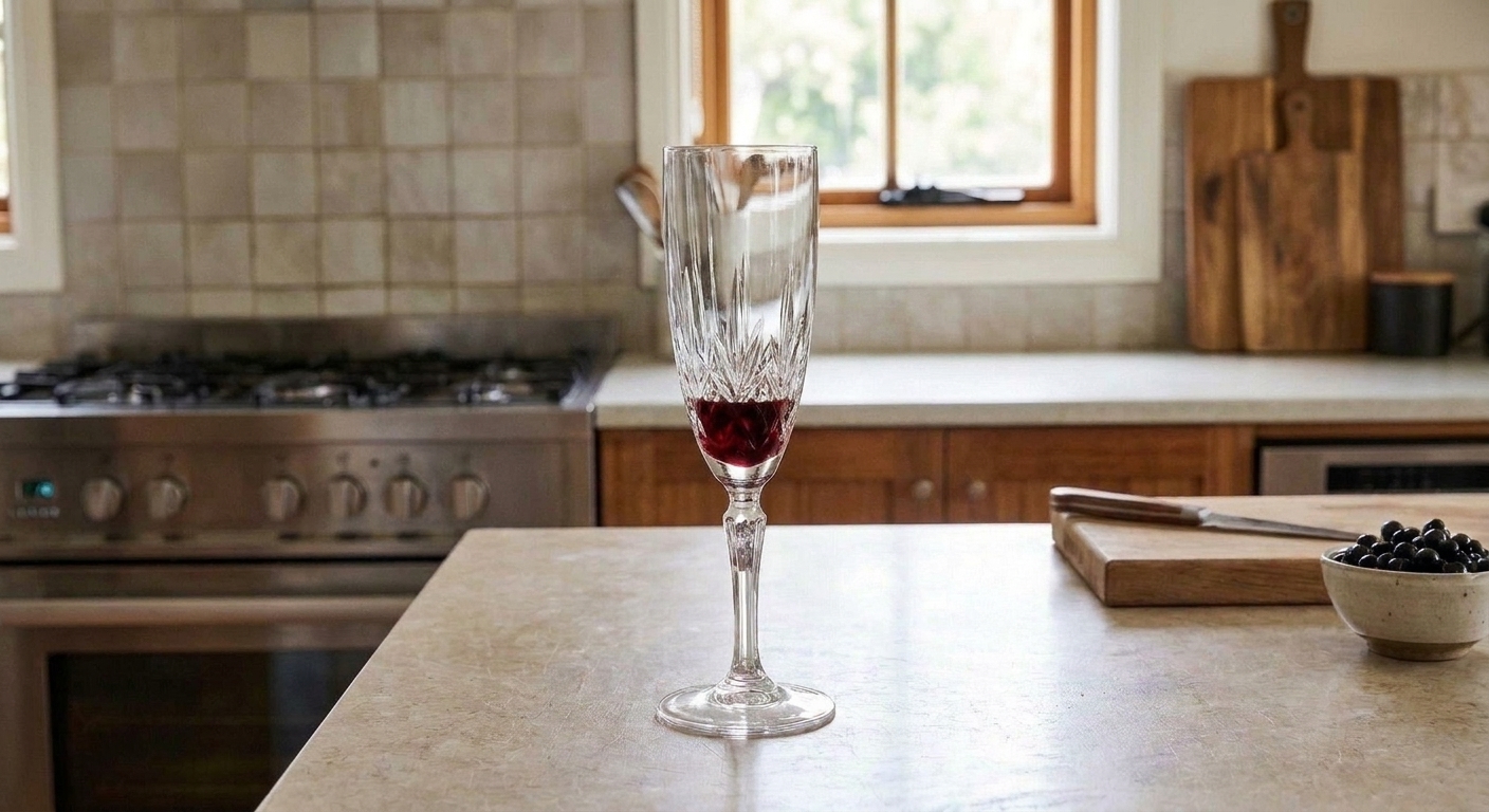 Crème de cassis settled at the bottom of an empty Champagne flute on a light stone counter