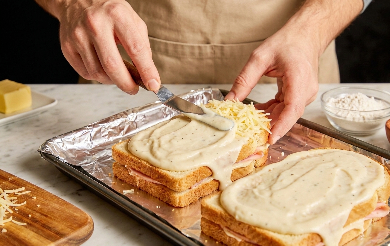 Croque Monsieur sandwiches on a foil-lined sheet pan with béchamel spread on top