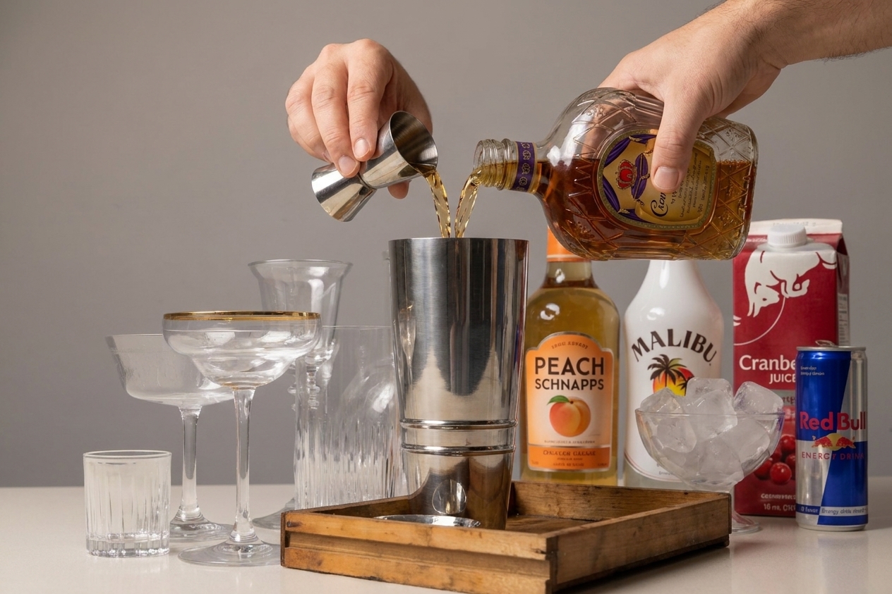 Crown Royal whisky, peach schnapps, Malibu rum, cranberry juice, and a can of energy drink arranged on a tidy kitchen counter with a jigger and ice nearby