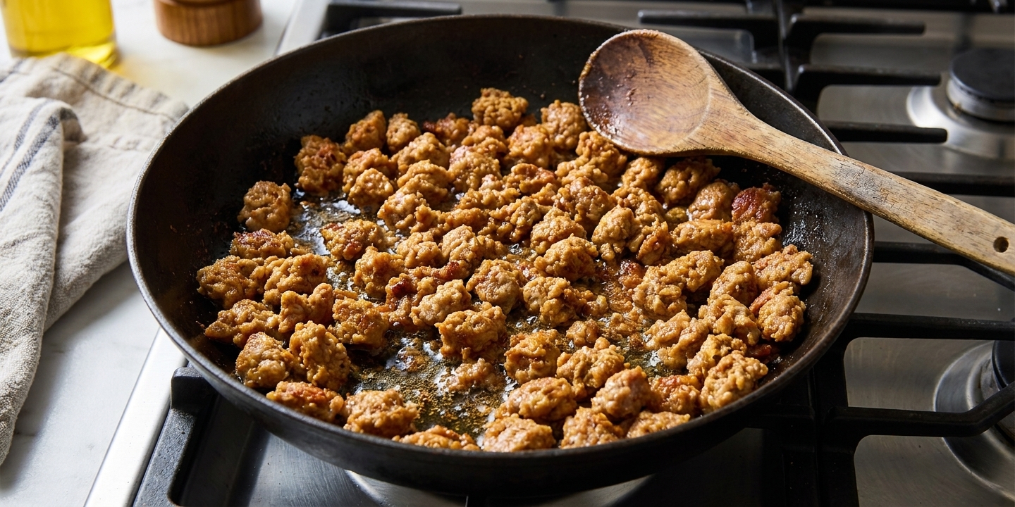 Crumbled Italian sausage browned in a large skillet on a stovetop with a wooden spoon nearby