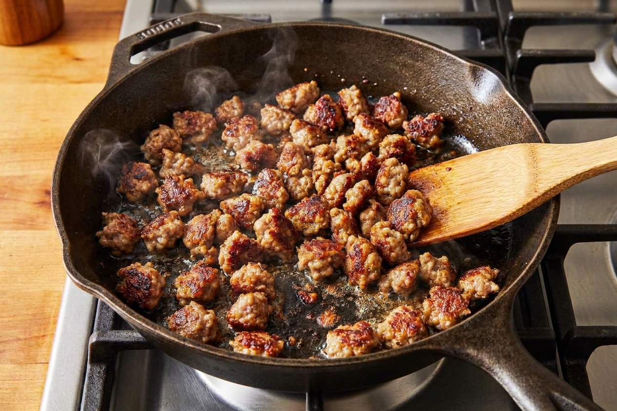 Crumbled breakfast sausage browning in a cast iron skillet on a stovetop, with crisp edges forming