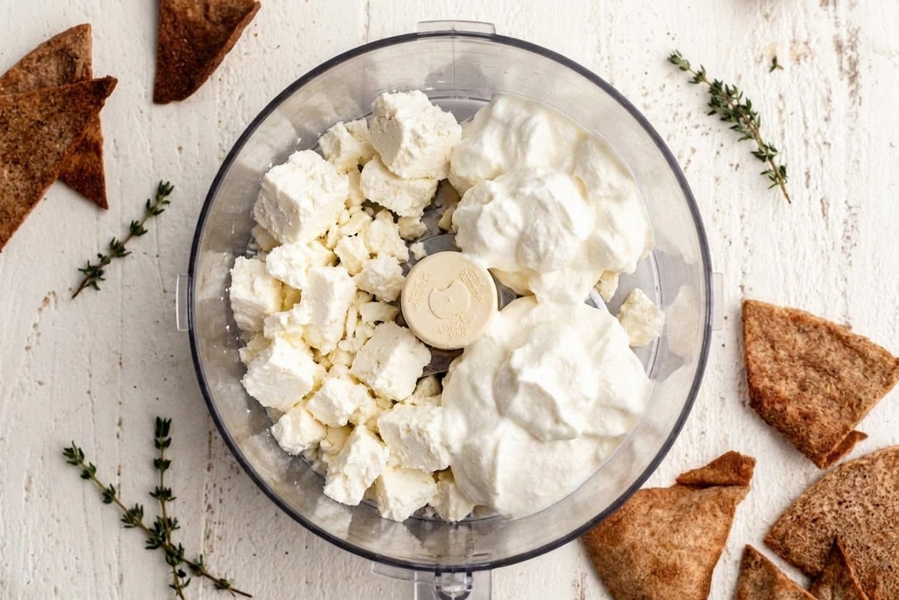 Crumbled feta and Greek yogurt sitting in a food processor bowl on a kitchen counter before blending