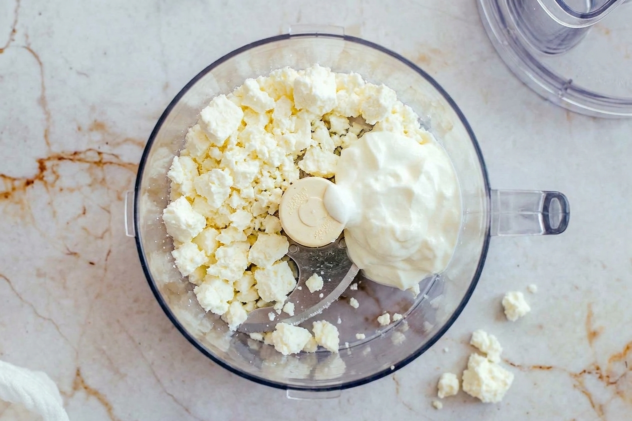 Crumbled feta and Greek yogurt sitting in a food processor bowl before blending on a bright kitchen counter