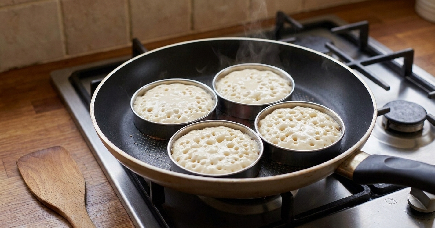 Crumpet batter cooking inside metal rings in a nonstick skillet with visible bubbles forming across the surface under warm kitchen lighting