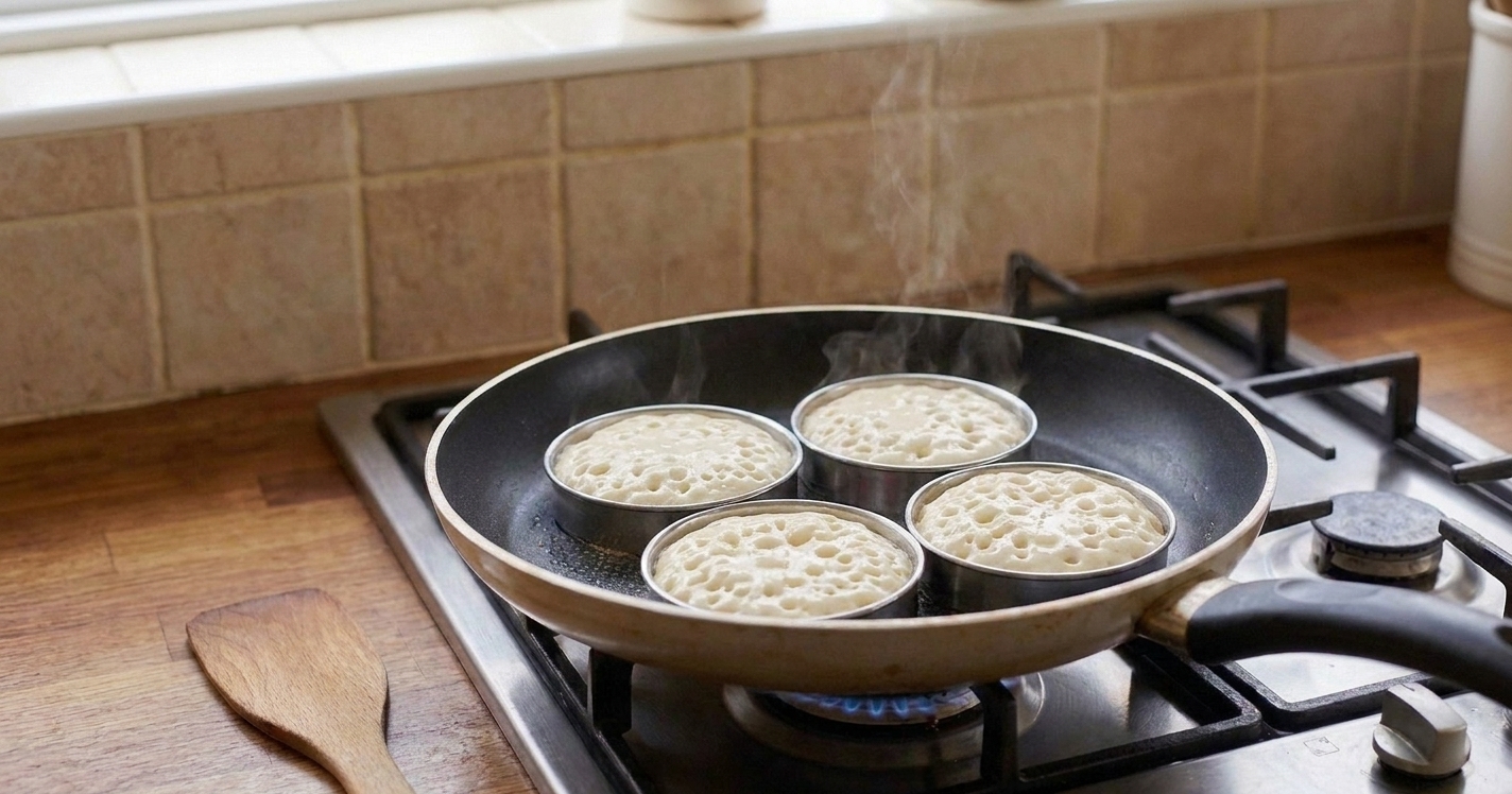 Crumpets cooking inside rings with many bubbles on top and edges beginning to look set in a skillet on a home stove