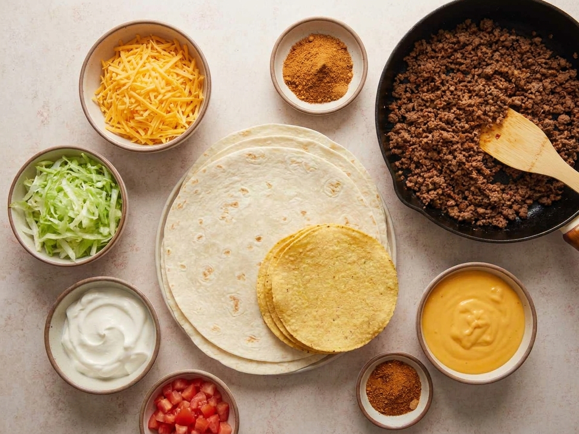 Crunchwrap ingredients arranged on a kitchen counter including flour tortillas, ground beef, taco seasoning, tostadas, shredded cheese, lettuce, tomatoes, sour cream, and nacho cheese