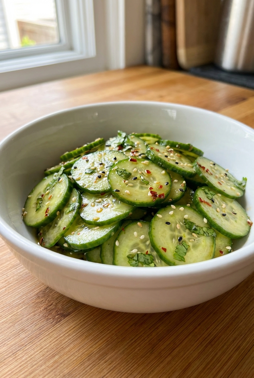 Crunchy cucumber salad with sesame seeds in a white bowl