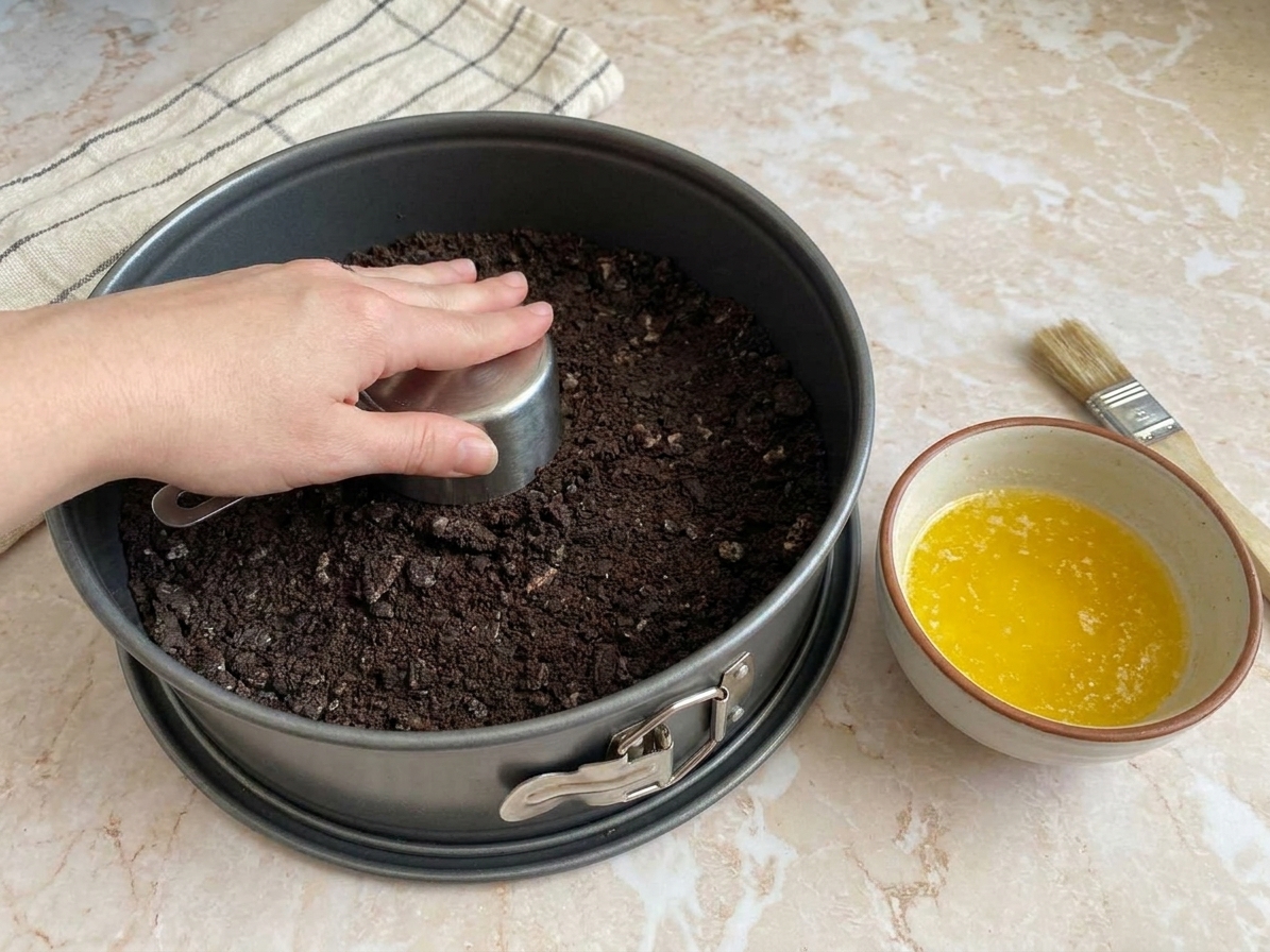 Crushed Oreo cookie crumbs being pressed into the bottom of a springform pan on a kitchen counter, with melted butter in a small bowl nearby