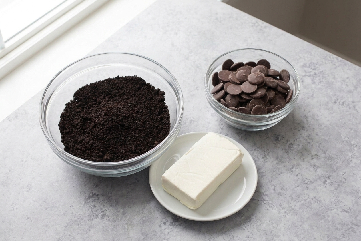Crushed Oreo cookie crumbs in a bowl beside softened cream cheese and a bowl of chocolate wafers on a tidy kitchen counter