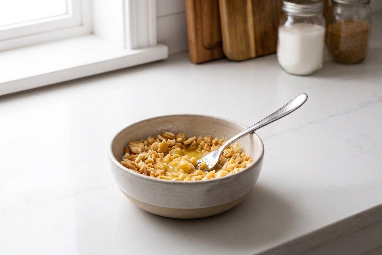 Crushed Ritz crackers mixed with melted butter in a small bowl with a fork