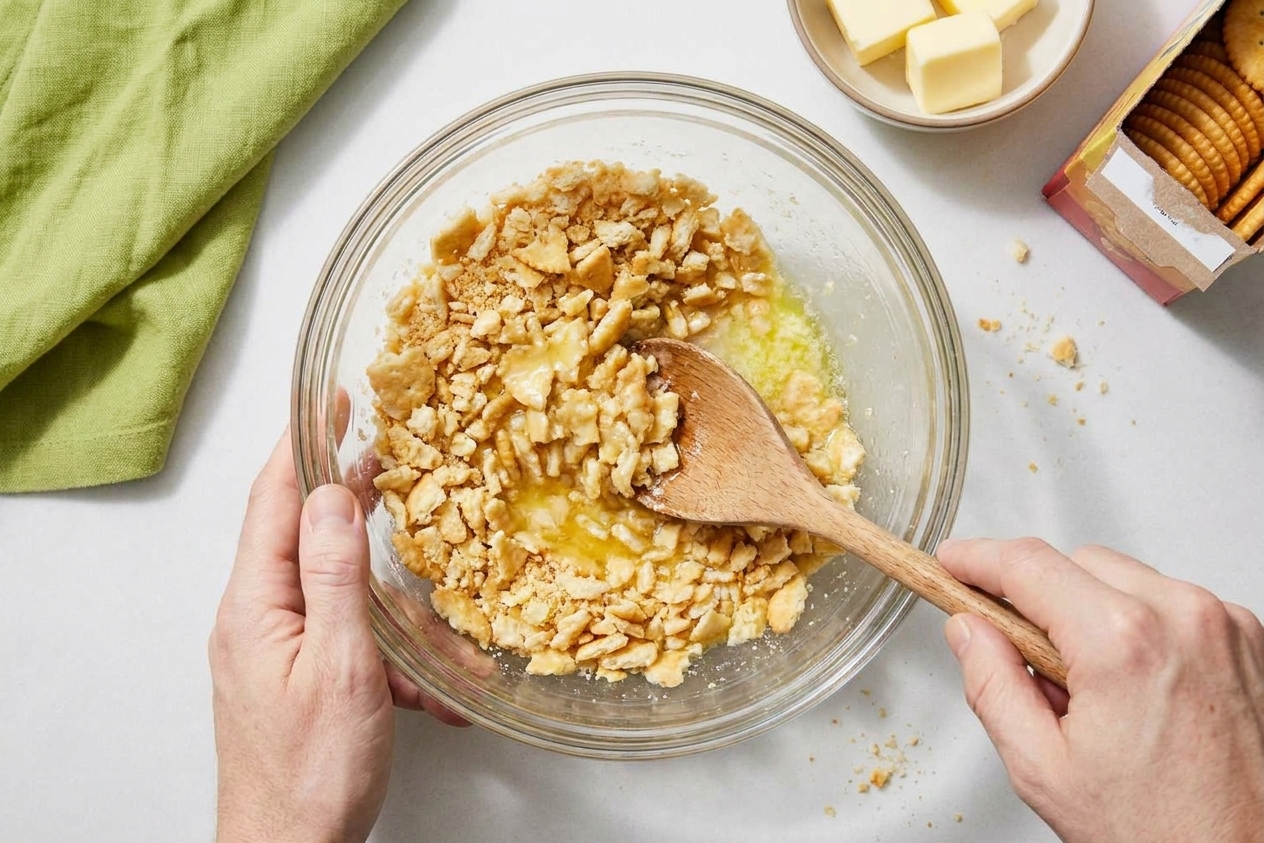 Crushed buttery crackers being mixed with melted butter in a bowl on a kitchen counter