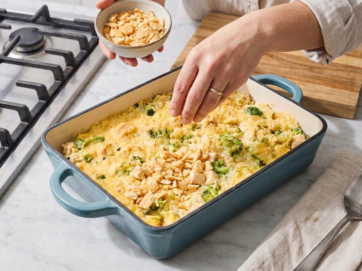 Crushed buttery crackers being sprinkled over an unbaked chicken broccoli rice casserole in a baking dish