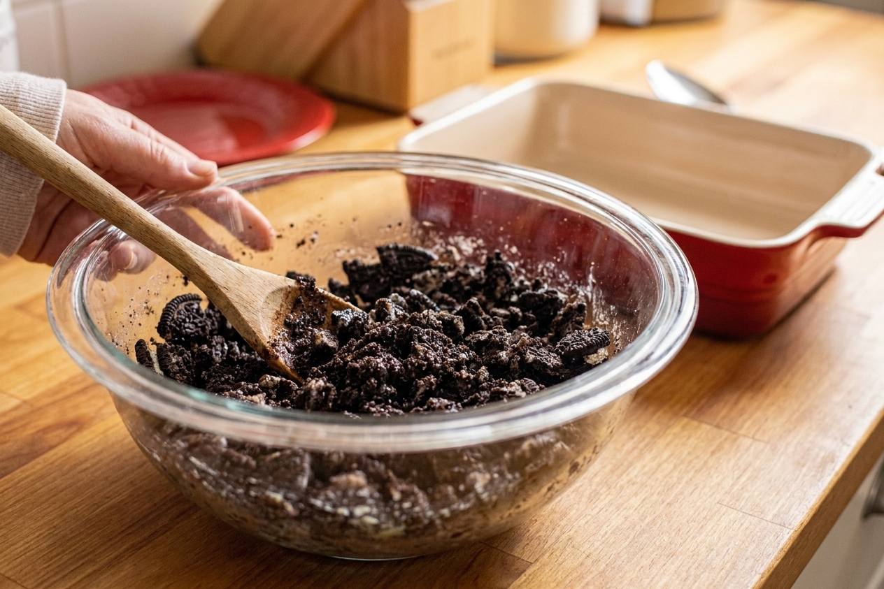 Crushed chocolate sandwich cookies mixed with melted butter in a glass bowl on a kitchen counter, ready to be pressed into a baking dish