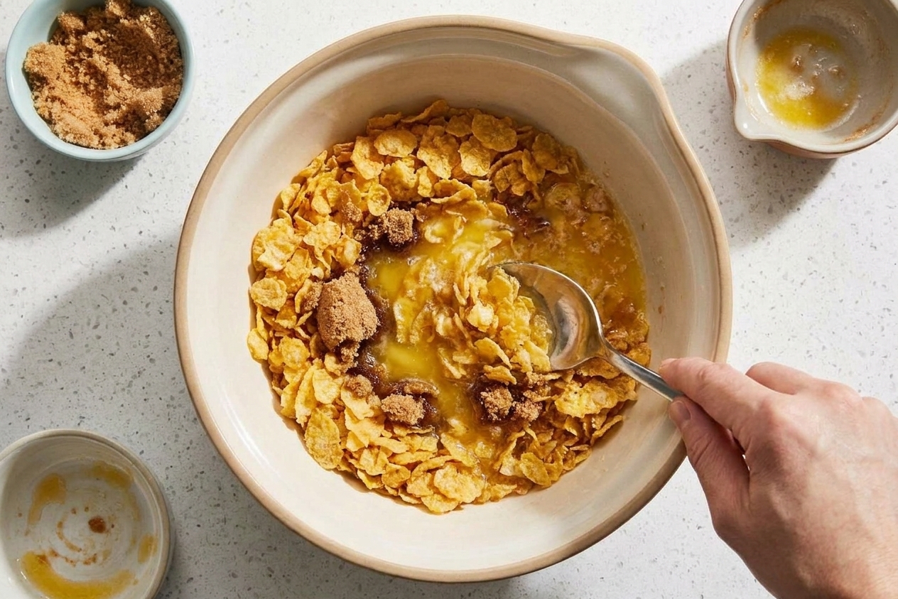 Crushed cornflakes in a bowl being mixed with melted butter and brown sugar using a spoon