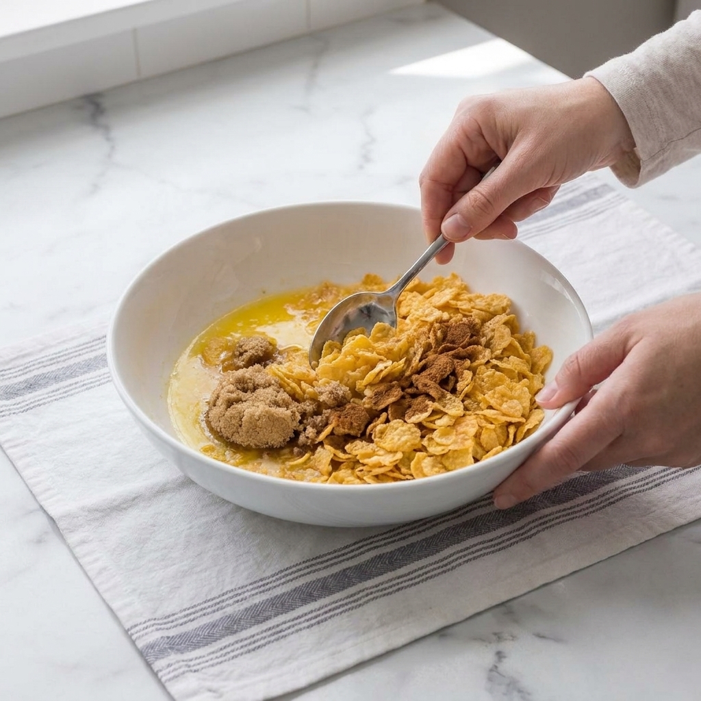 Crushed cornflakes in a bowl with melted butter, brown sugar, and cinnamon ready to be mixed for a kugel topping on a kitchen counter
