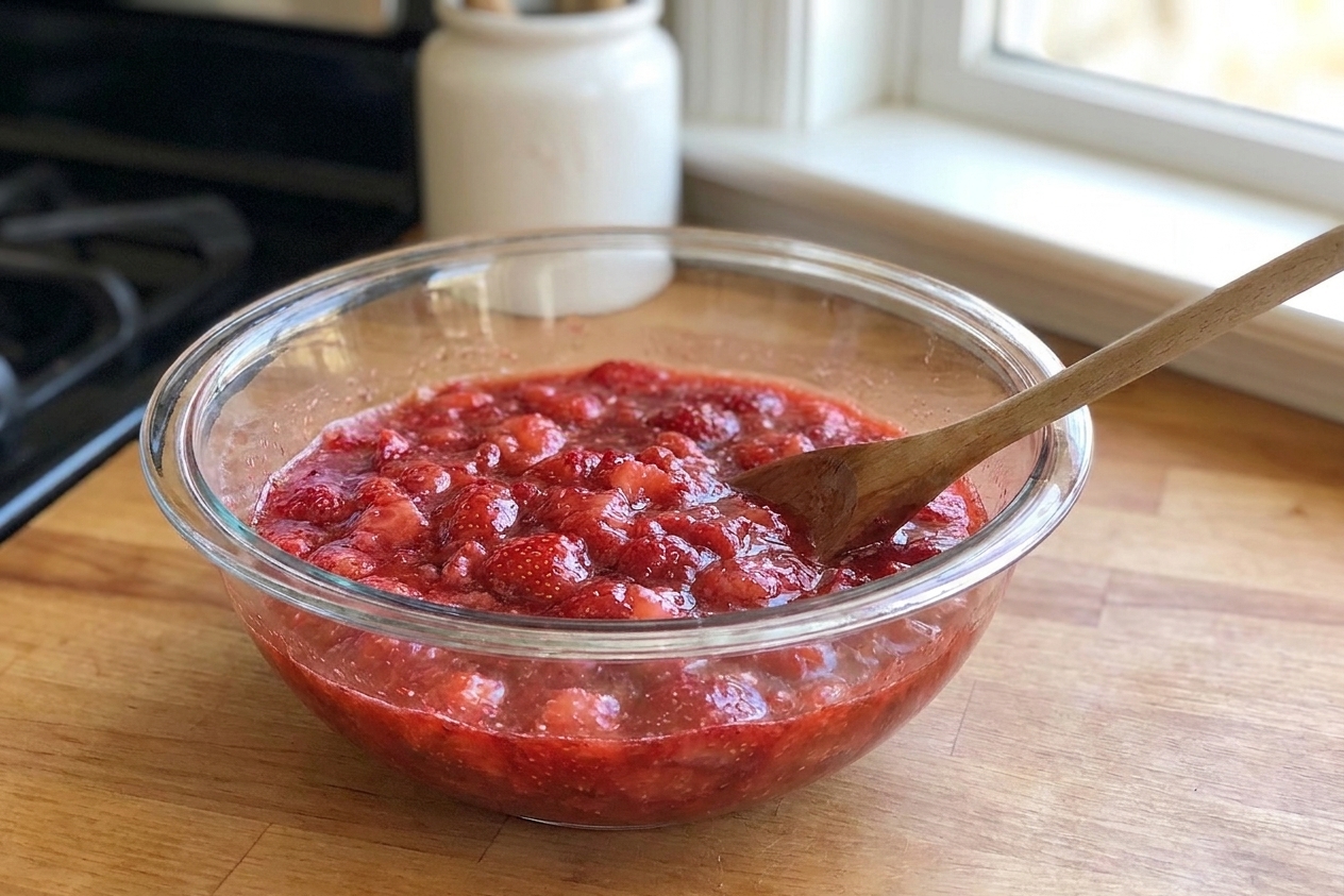 Crushed fresh strawberries in a large glass mixing bowl on a clean kitchen counter
