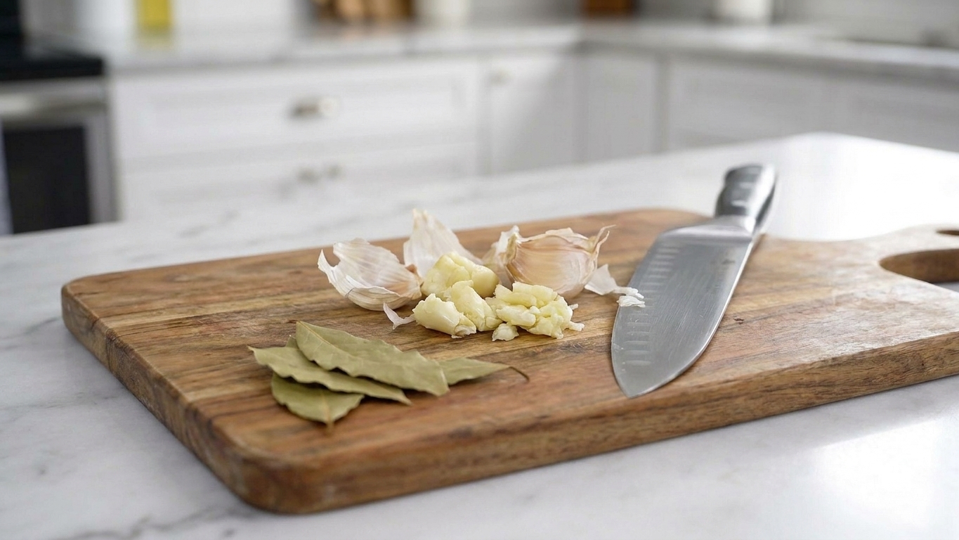 Crushed garlic cloves and bay leaves on a cutting board beside a chef's knife, ready for cooking