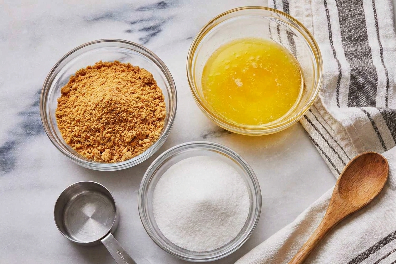 Crushed graham cracker crumbs, melted butter, and sugar measured in separate bowls on a kitchen counter, ready to mix
