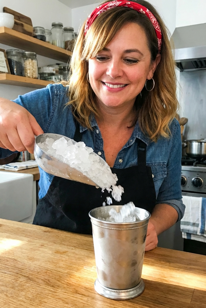 Crushed ice spilling from a scoop into a metal julep cup on a kitchen counter