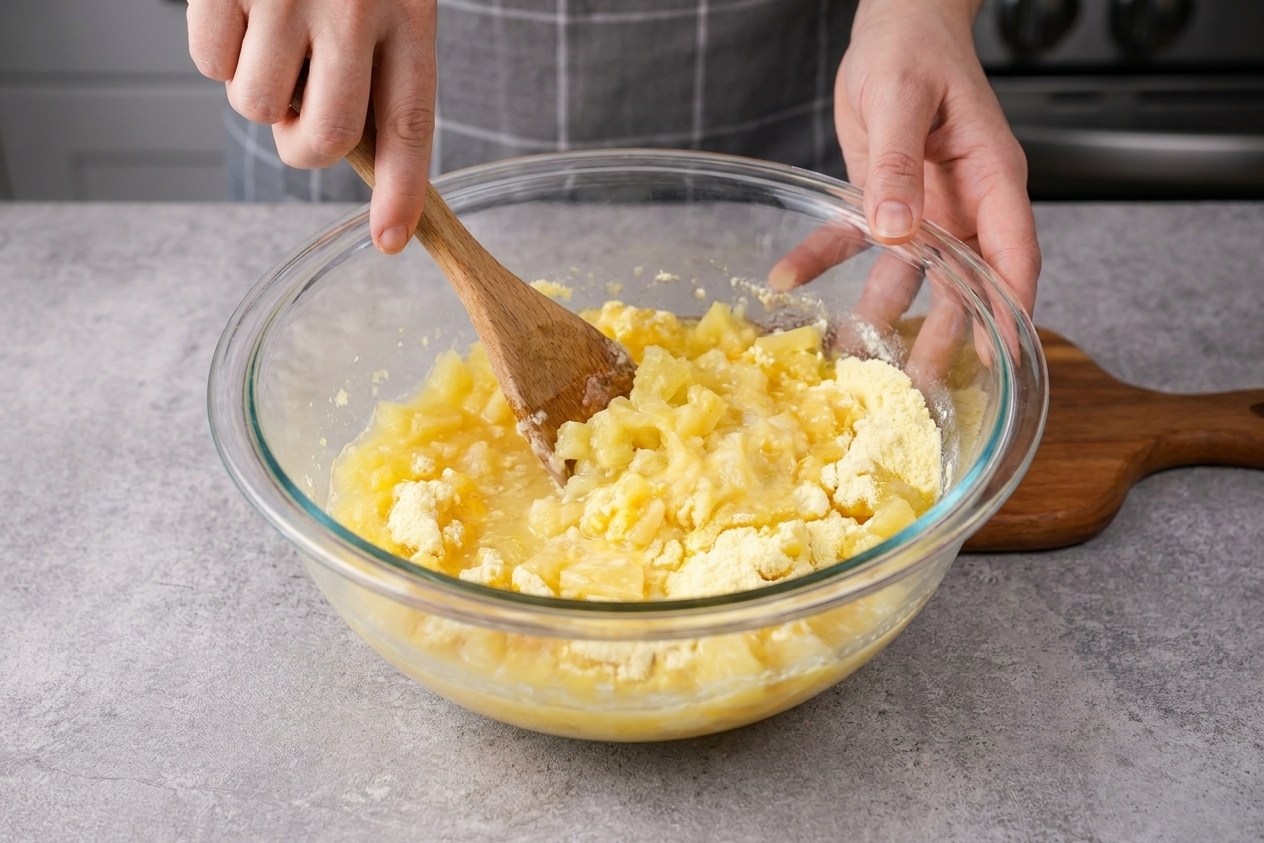 Crushed pineapple and vanilla pudding mix being stirred together in a large mixing bowl on a kitchen counter