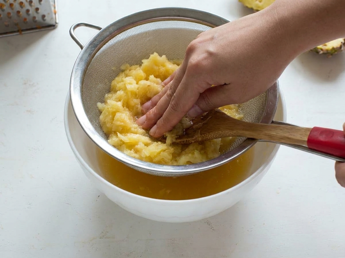 Crushed pineapple being pressed in a fine mesh strainer over a bowl on a kitchen counter