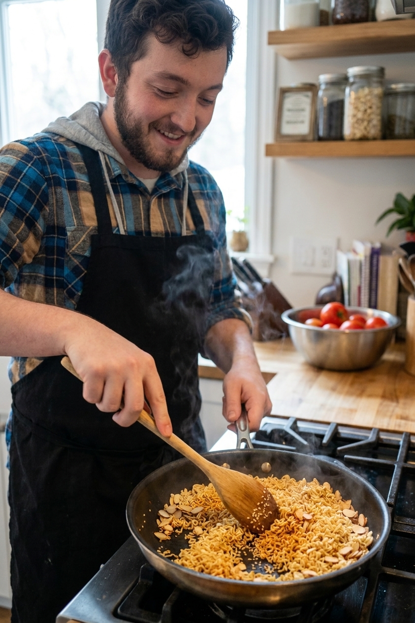 Crushed ramen noodles toasting in a skillet, turning golden brown with sliced almonds and sesame seeds