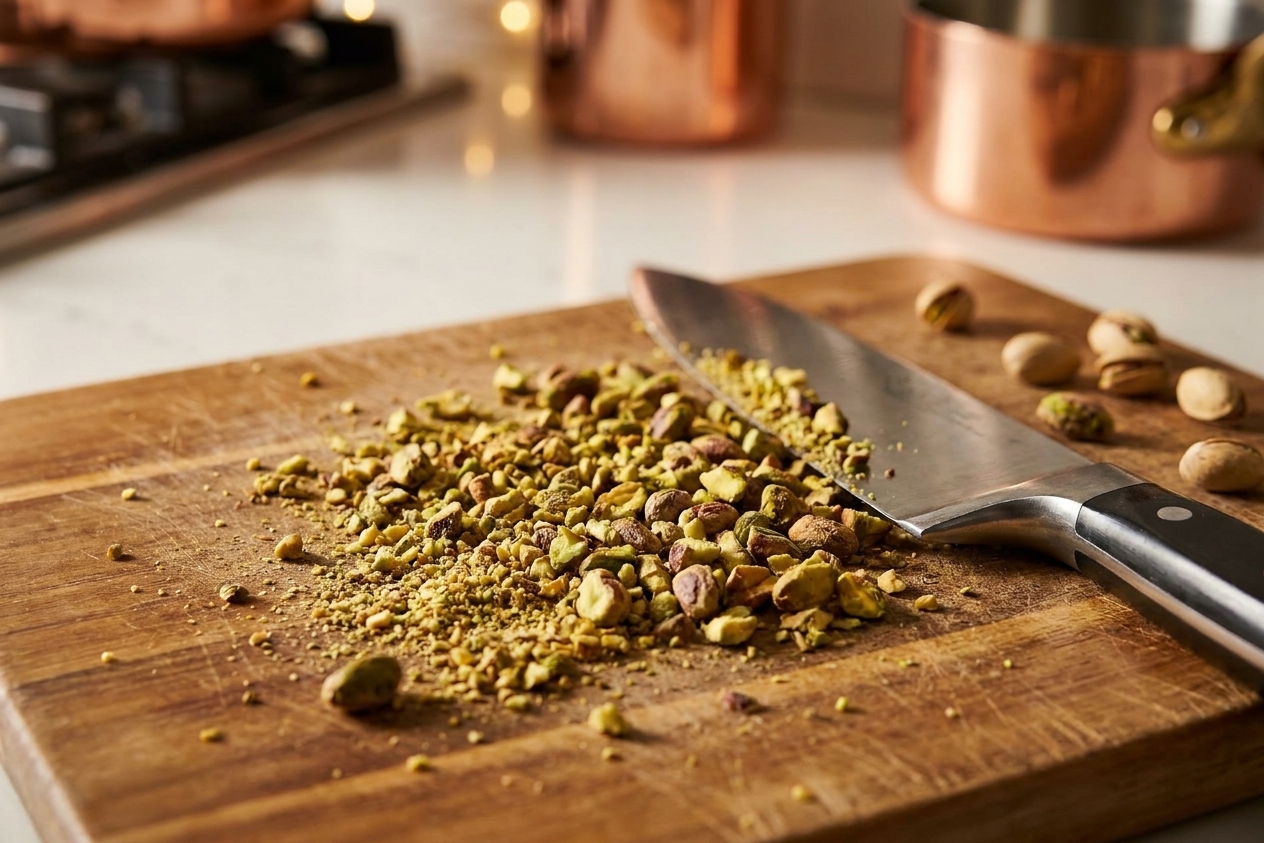Crushed roasted pistachios on a wooden cutting board next to a chef's knife on a bright kitchen counter