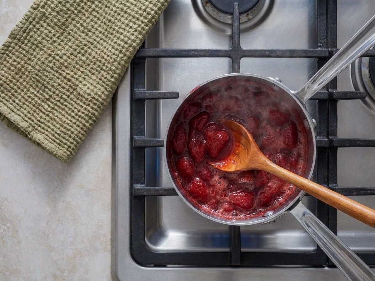 Crushed strawberries simmering in a small saucepan on a stove, glossy and bubbling gently