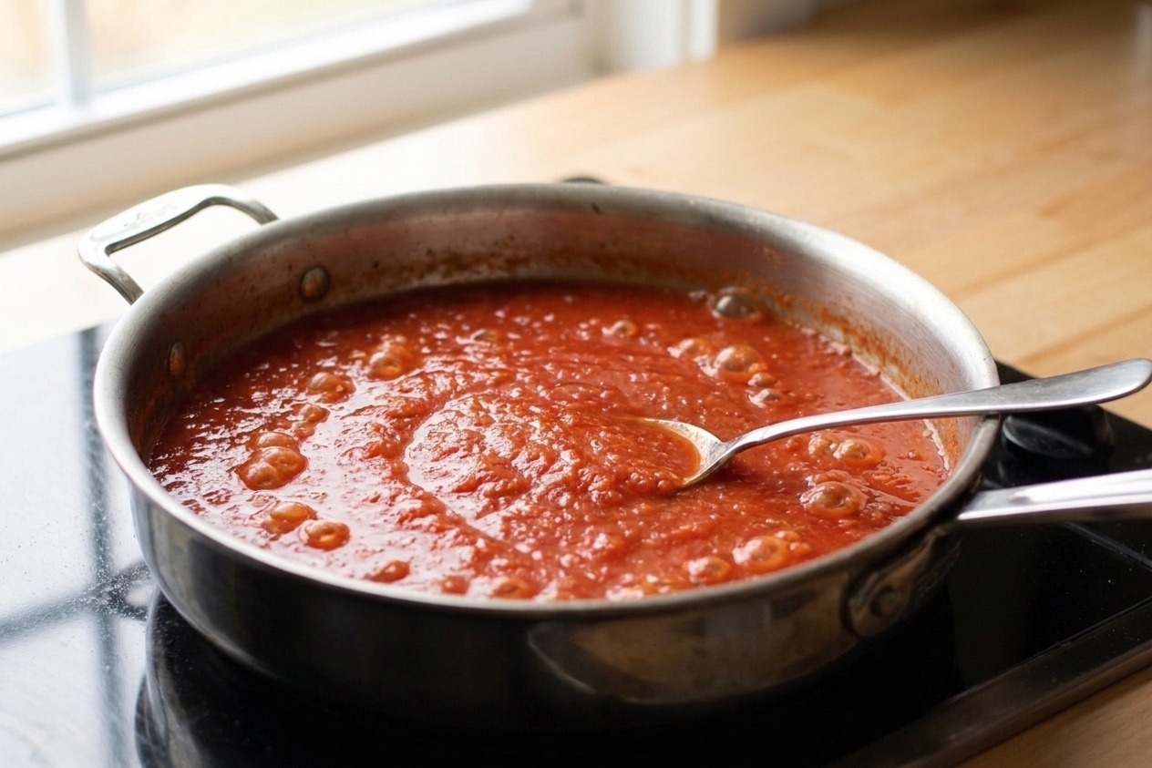 Crushed tomato sauce gently simmering in a skillet with small bubbles around the edges