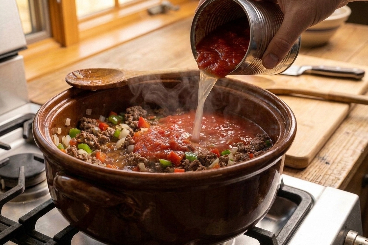 Crushed tomatoes and broth being poured into a pot with beef and peppers, creating a red, simmer-ready soup base