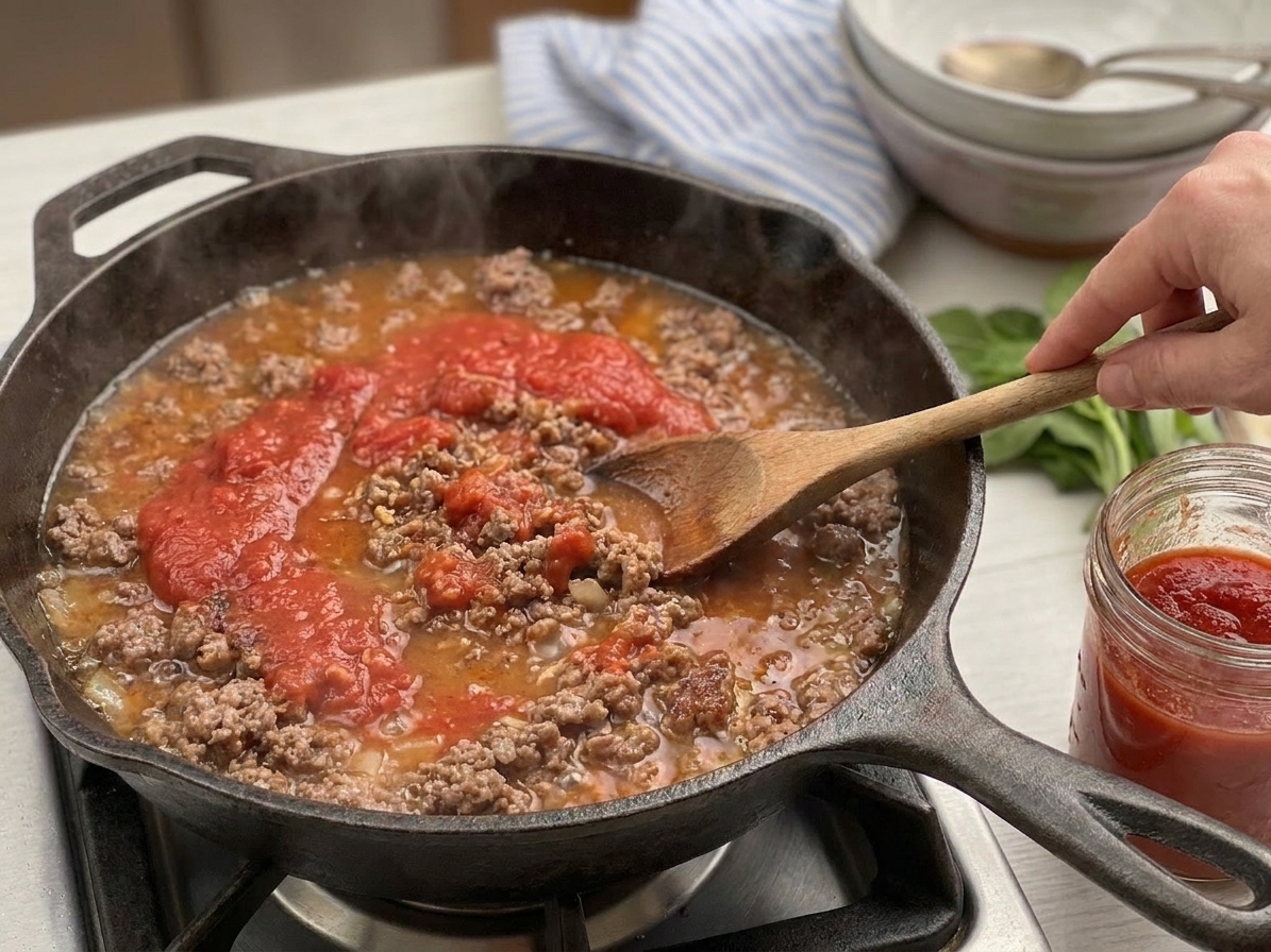 Crushed tomatoes and broth being stirred into browned beef in a deep skillet, creating a red simmering sauce