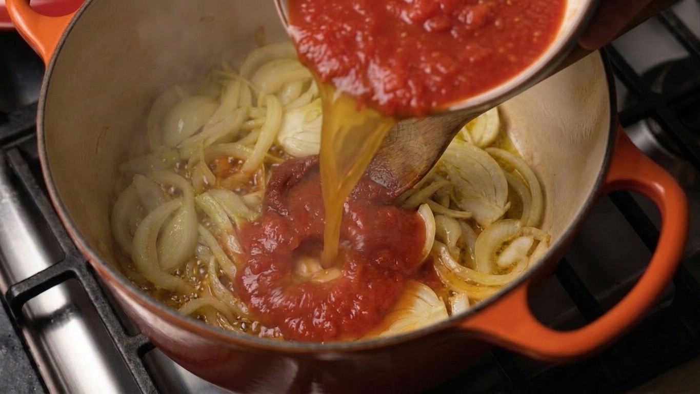 Crushed tomatoes and stock being poured into a pot with sautéed vegetables