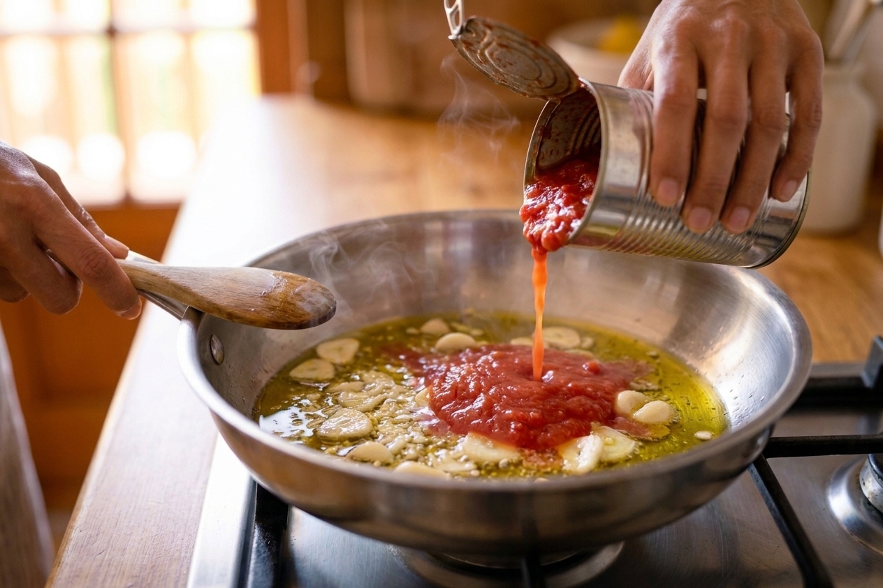 Crushed tomatoes being poured from a can into a skillet with garlic and olive oil