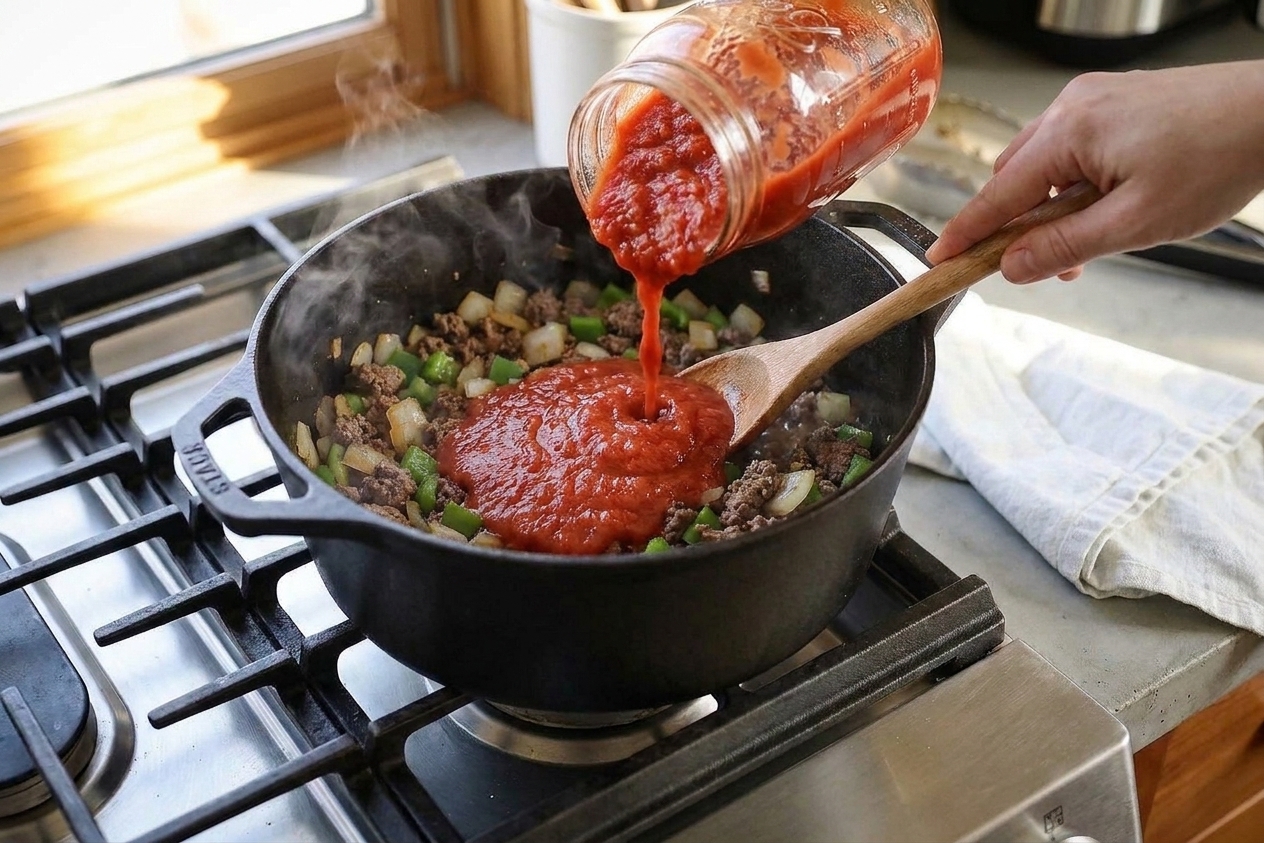 Crushed tomatoes being poured into a pot of browned beef and sautéed onions on the stovetop