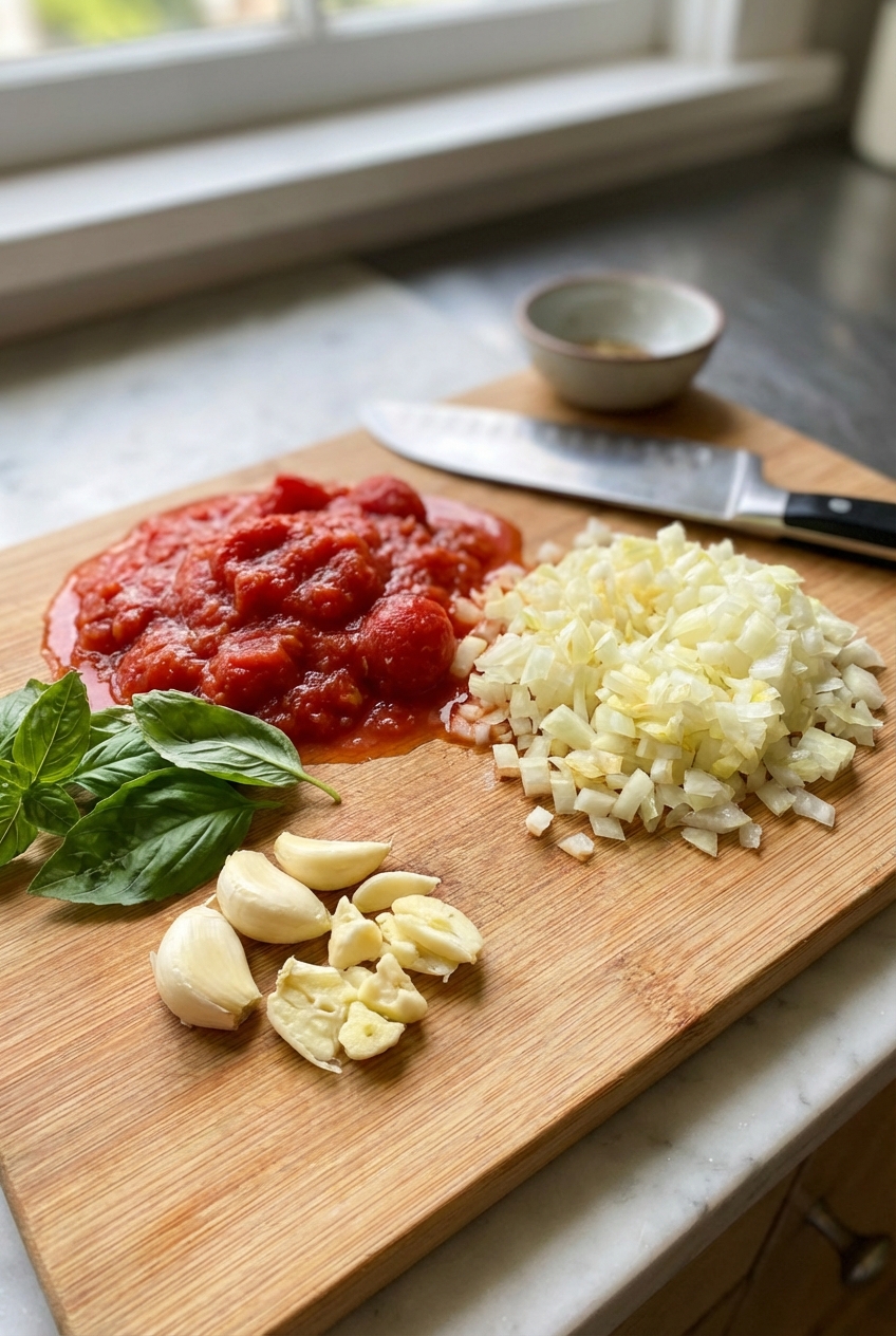 Crushed tomatoes, chopped onion, garlic cloves, and fresh basil arranged on a cutting board