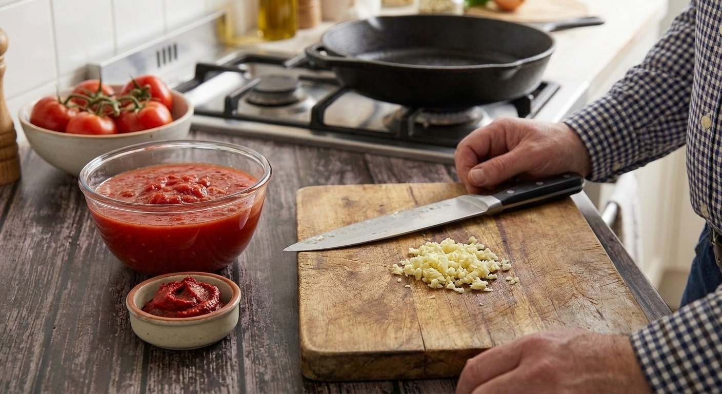 Crushed tomatoes, tomato paste, and minced garlic measured and ready on a kitchen counter beside a cutting board