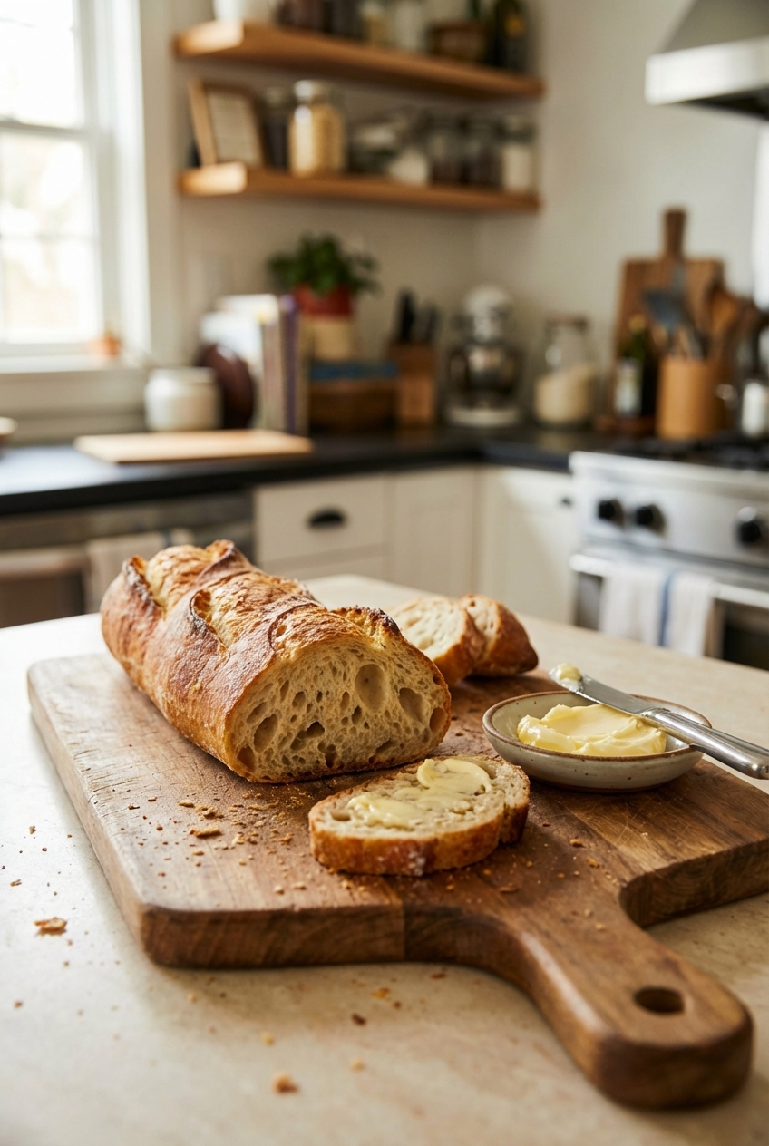 Crusty baguette sliced on a cutting board with butter nearby