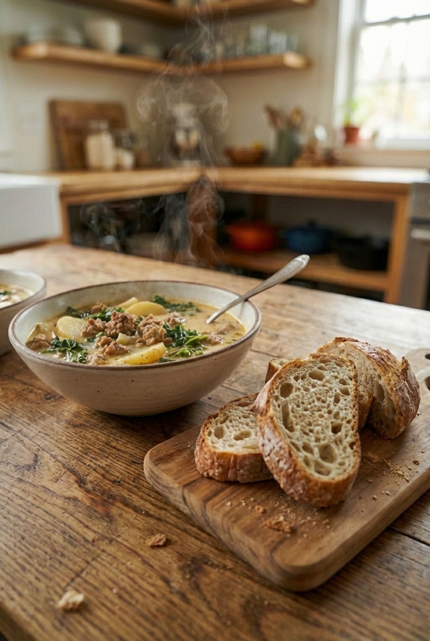 Crusty bread sliced on a cutting board next to a bowl of creamy soup