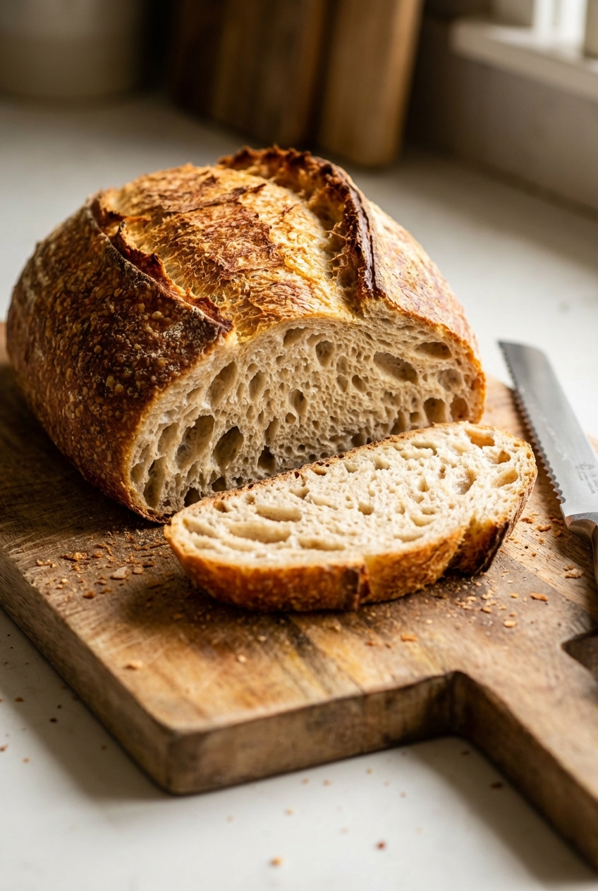 Crusty bread sliced on a wooden board
